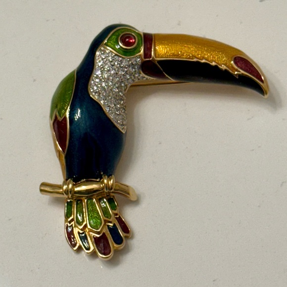 Judith Leiber Toucan Bird Parrot Pin Brooch Enamel & Crystals- Signed - Picture 6 of 12